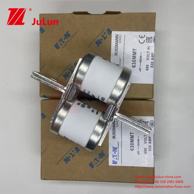 690V নামমাত্র ভোল্টেজ BUSSMANN 630MMT সিরামিক অটোমোটিভ ফিউজ সহ টুইন ফ্ল্যাট প্লেট বোল্ট ডিজাইন M6/M8 ইনস্টলেশনের জন্য