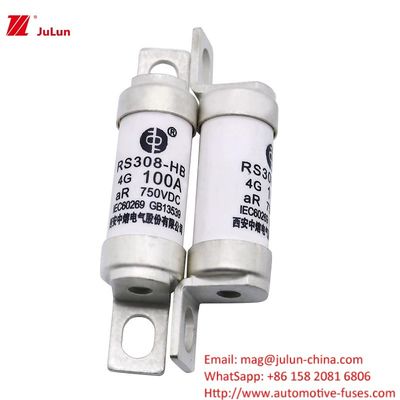 বৈদ্যুতিক গাড়ির ফিউজ RS308 100A DC750V 50KA বৈদ্যুতিক শক্তি টার্মিনাল টাইপ বোল্ট-অন ফিউজগুলির জন্য