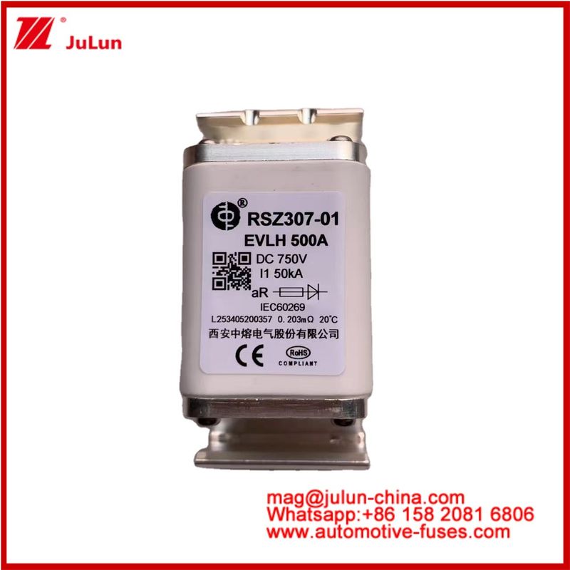 RSZ307-01 EVLH 500A 750VDC ফিউজ 50KA স্কয়ার সিরামিক অটোমোটিভ চার্জার বৈদ্যুতিক যানবাহন ডিভাইস এবং সরঞ্জাম ছোট আকার নিম্ন গলন I2t মান উচ্চ ভাঙ্গন ক্ষমতা শক্তি